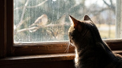 Cat sitting by window. Tabby cat looking out window at bird reflection. Pet watching wildlife outdoor. Cute domestic animal view.