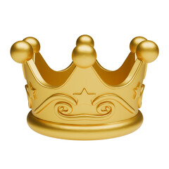 Golden 3D crown with patterns and stars on gray background, symbol of power and success, luxury accessory for web design, minimalist interface element for gamification and VIP premium status.