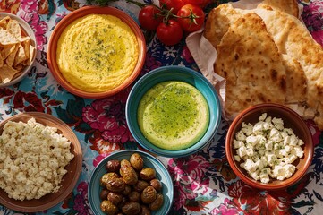 Sunlit mezze table glows brightly as vibrant sauces and crumbled feta shimmer together