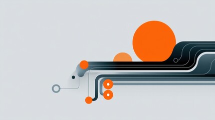 Abstract design with curved lines, vibrant orange circles, and flowing shapes on a minimalistic light background suitable for modern graphics projects