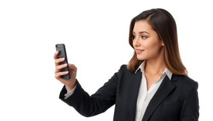 A businesswoman taking a selfie with her smartphone on transparent background