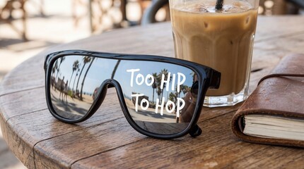 Too hip to hop text on sunglasses reflecting beach with palm tree. Summer vacation scene with iced coffee, notebook on wooden table for travel blog.