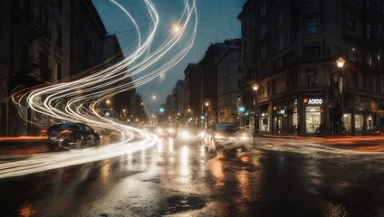 Dynamic Night Cityscape with Streaking Car Lights on Wet Pavement.