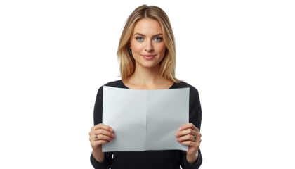 A smiling woman holding a blank white paper on transparent background