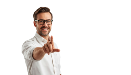 A smiling man in a white shirt extending his hand for a handshake on transparent background