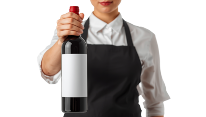 A woman in a black apron holding a bottle of wine on transparent background