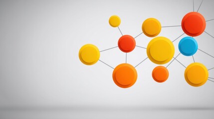 Colorful geometric shapes connected by lines on a minimalist gray background, symbolizing data flow, networking, and creative collaboration in design