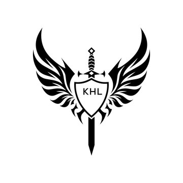 Winged Sword and Shield Logo with Letters, Heraldic Emblem, Black and White Vector Design, KHL  Later Logo,
