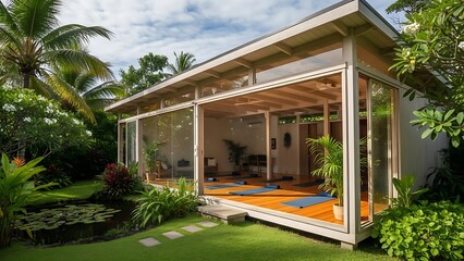 A modern glass-walled yoga pavilion overlooks a lush tropical garden and lily pond, featuring blue mats on wooden floors.