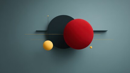 Abstract geometric composition featuring red and yellow spheres on a blue background with lines and circular shapes creating a modern aesthetic