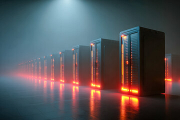 A futuristic data center room filled with rows of powerful servers glowing warmly in dim, misty atmosphere symbolizing high-tech information processing and storage