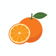 A cartoon orange fruit with a slice, green leaf, and a white background