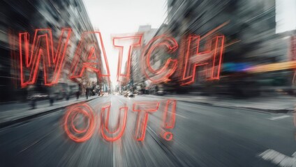 Dynamic Urban Street Scene with WATCH OUT Overlay Emphasizing Urgency and Alertness.