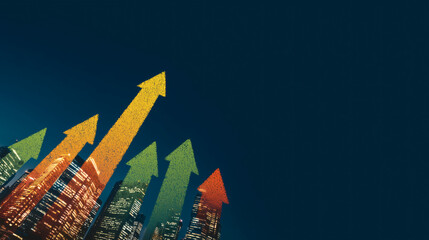 City Skyline with Upward Arrows Showing Business Growth on Blue Background, Corporate Success Concept