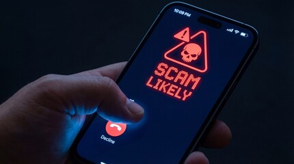 Man receiving an identified spam call on a smartphone with a large red warning sign and the words scam likely. Online security concept for digital protection.