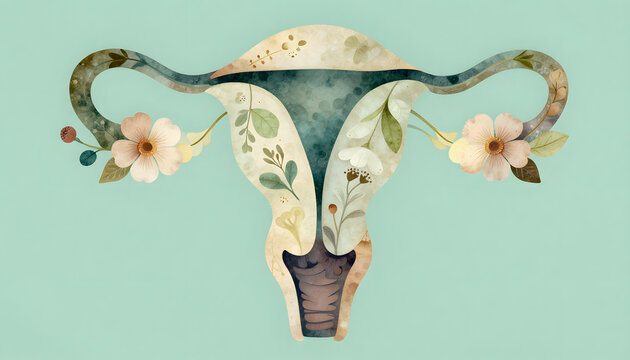 Abstract hand-painted illustration of a female uterus transformed into a spring floral botanical composition in natural green and turquoise tones, symbolizing femininity, fertility, healing, pregnancy