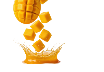 Fresh, golden-orange mango cubes splash into viscous puree on a white background, creating frozen droplets and ripples, highlighting texture. Concept for premium tropical fruit beverage advertising