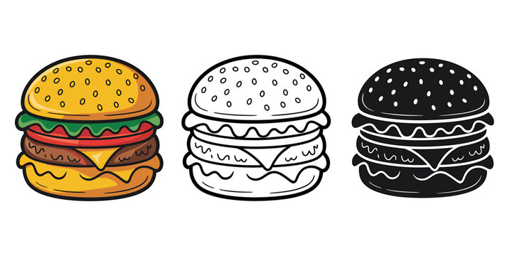 Delicious hamburger vector illustration set showing three distinct styles: colorful, outline, and silhouette