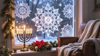 Glowing snowflake decals and candles by cozy armchair