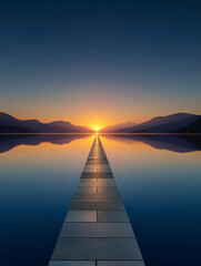 Fototapeta premium A serene stone pathway stretching across a calm lake towards a glowing golden sunset with silhouetted mountains under a clear twilight sky