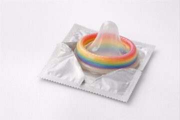 Open condom on foil wrapper with rainbow rim isolated on white background