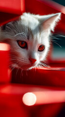 White cat among red gift boxes with dramatic lighting, symbol of surprise, holiday mood and festive celebration