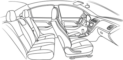 Modern car interior vector illustration, technical line art sketch of automobile cabin with front and rear seats and dashboard © MdMajnur