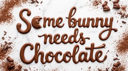 Some bunny needs chocolate message made of melted chocolate with cocoa powder and chocolate bunny candies, for Easter holiday celebration.