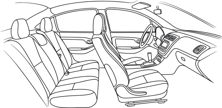 Modern car interior vector illustration, technical line art sketch of automobile cabin with front and rear seats and dashboard