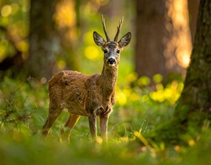 Deer with small antlers stands amid a sun-dappled forest, looking directly at the viewer on a vibrant sunny day
