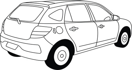 Modern hatchback car vector illustration, technical line art sketch of automobile exterior from rear three-quarter view © MdMajnur