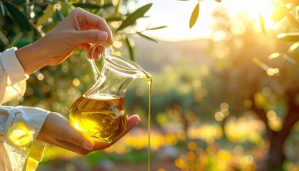 Hands Pouring Golden Olive Oil From A Glass Carafe In An Orchard At Sunset With Warm Sunlight And Green Leaves