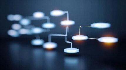 Abstract futuristic digital flowchart with glowing nodes and connecting lines on dark background representing data and information visualization concept