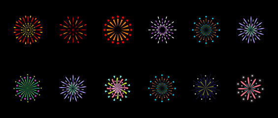 Colorful fireworks burst explosions on black background. festive graphic design .