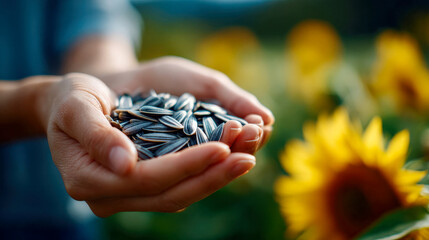 Hands holding sunflower seeds in a blooming field, symbolizing agriculture, sustainability, harvest, and natural food production