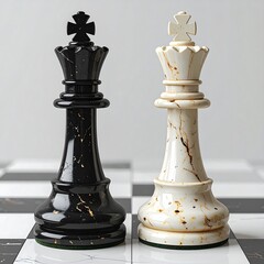 Two chess queens, black and white, on a chessboard