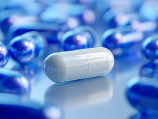 A single white capsule surrounded by numerous translucent blue capsules depicting contrast and focus in pharmaceutical and medical concepts on a reflective surface