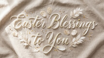 Easter blessings to you message made from flower petals and scattered pollen on a linen fabric, a festive greeting for Spring holiday.