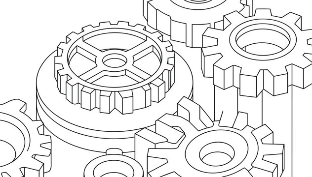 Mechanical gears and cogs vector illustration, technical line art sketch of 3D interlocking gear wheels and industrial machinery parts