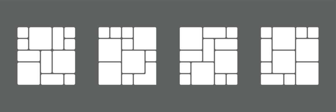 Vector collage for photos. Picture frame. Vector blank in bento grid system. Bento style layout grid templates. Web comics grids, various panel arrangements and different size tiles vector set. EPS 10
