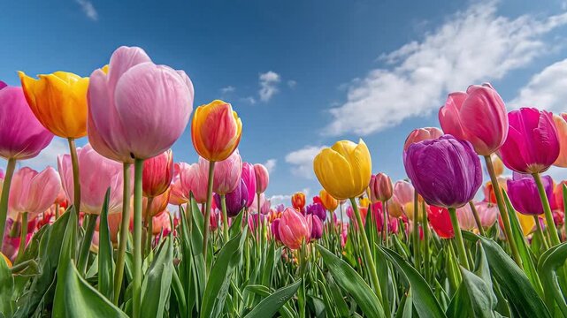 Spring field of colorful tulips. Close up spring flowers. Amazing red pink tulips blooming in garden. Tulip flower plants landscape. Spring blossom background. Spring blossom red and green background.