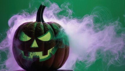 Eerie Halloween Pumpkin with Glowing Face and Smoky Atmosphere.