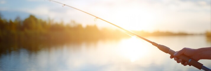 Person is holding a fishing rod and is fishing in a lake