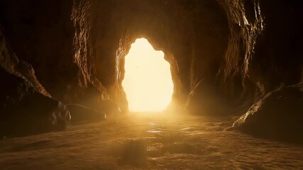Journey through a dark cave towards a bright light at the end of the tunnel. Exploring a mysterious cavern with a glowing exit. The concept of hope and new beginnings