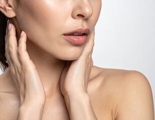 Close-up of a woman's face and neck with hands gently touching her skin