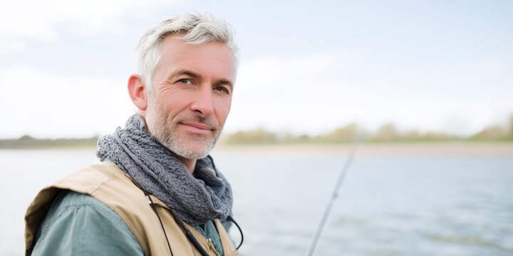 Man with gray hair is fishing in a lake