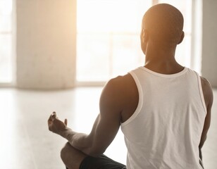 Man meditating in a bright room, practicing mindfulness and inner peace