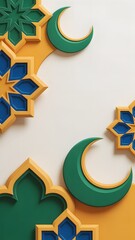 3D Islamic paper cut style vertical illustration with geometric patterns, stars and mosque minarets