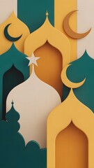 3D Ramadan vertical wallpaper with paper cut out mosque domes and golden crescent moon