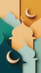 3D Ramadan Kareem vertical mobile background with layered paper cut mosque and crescent moon